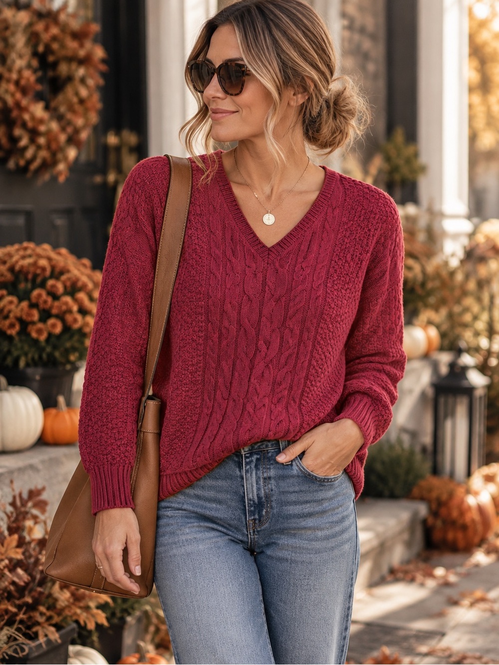 Laura Scott Berry Cable Knit V-Neck Sweater | Size L